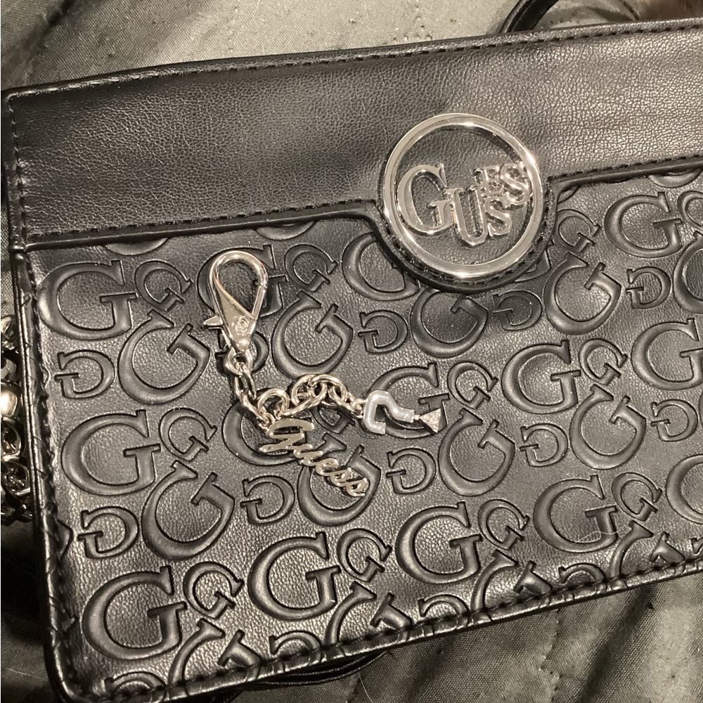 Guess Black Embossed Crossbody Bag with Silver Accents